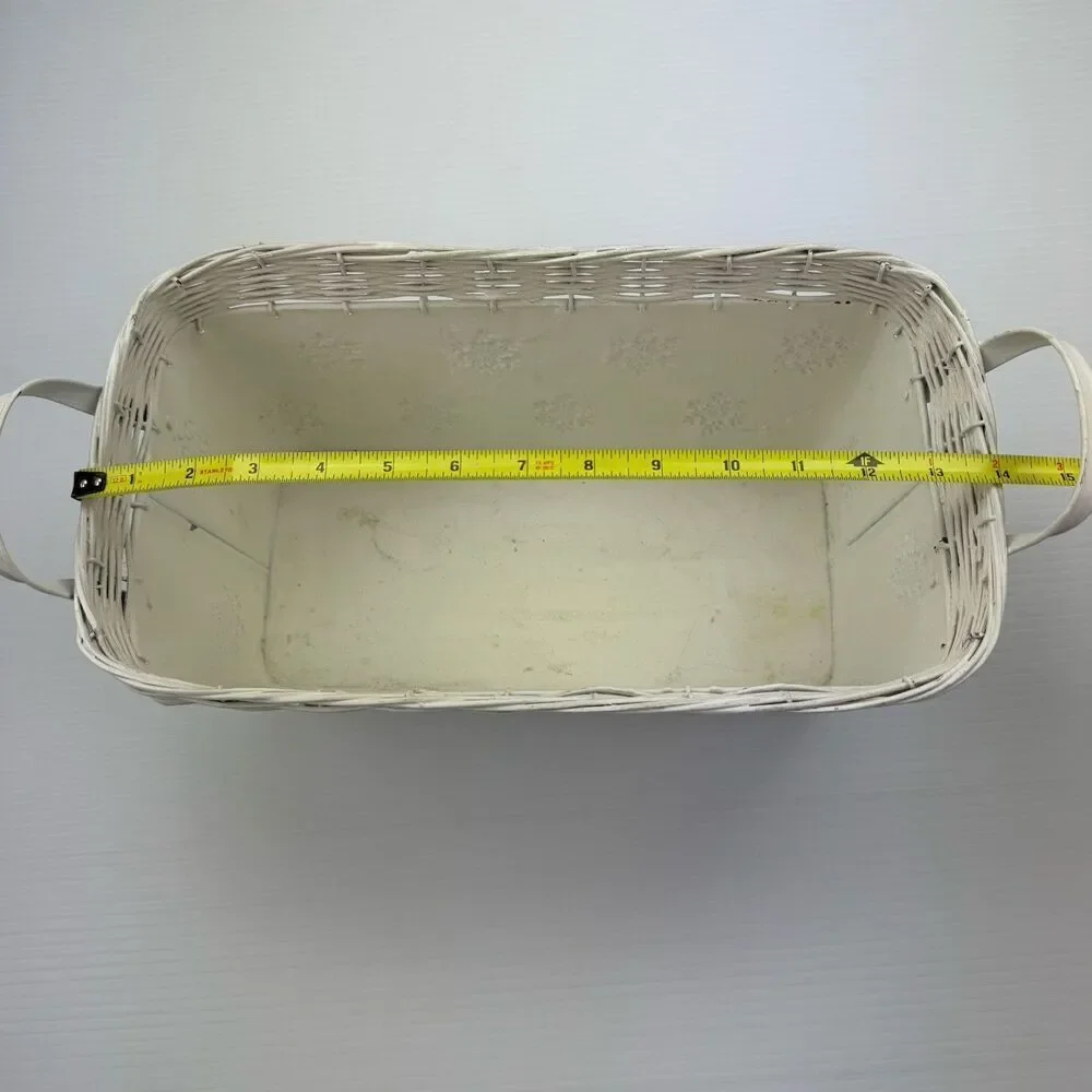 Wicker Woven Metal White Basket With Handles And Snowflakes